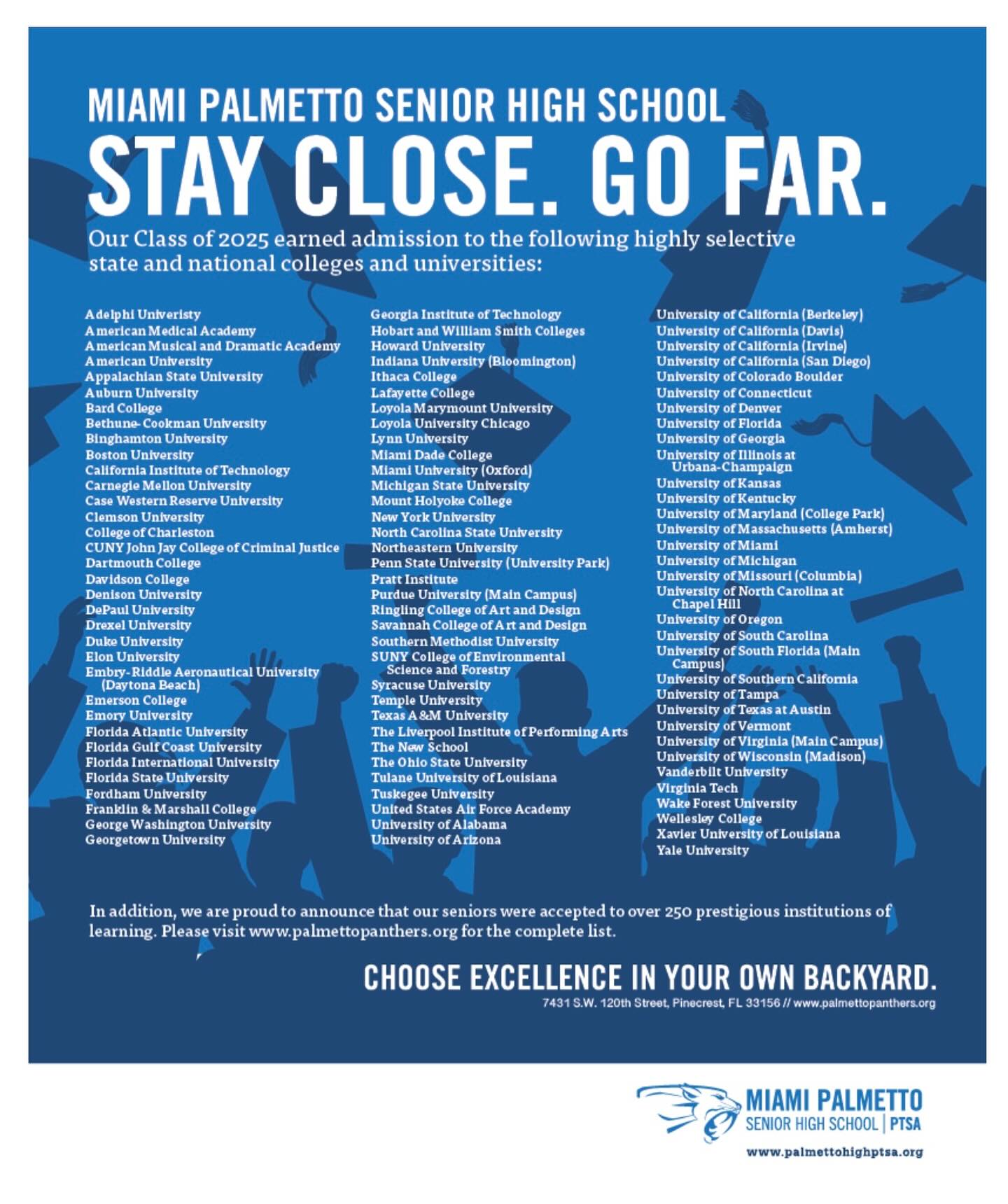 Stay Close. Go Far. Choose excellence in your own backyard! Congratulations to the @miamipalmettohigh 2025 graduating class! 🎓🎓
Don’t miss their full page in our June editions to see some of the highly selective state and national colleges and universities this class earned admission to! 👏🏻👏🏻
@mpshptsa #classof2025 #graduatingclassof2025 #miamischools #mdcps #mdcpsgrad #miamikids #miamistudents #miamieducation #miamimoms #miamiparents #miamifamily #pinecrest #pinecresting #miami #southflorida #palmettobay #southmiami #coralgables #coconutgrove #brickell #cutlerbay #homesteadfl #doralflorida #educationexcellence #educationgoals #ivyleague #graduatingseniors #communitymagazine
