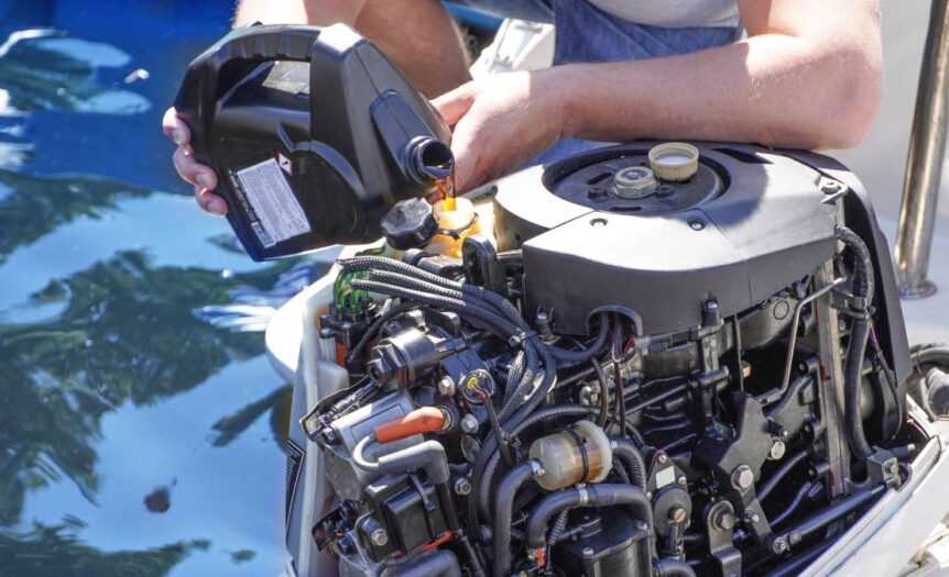 Man pouring and refueling engine motor oil into the engine of a boat, ensuring proper maintenance and performance