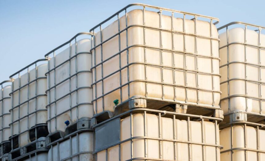 Rectangular white containers with metal frames stacked on top of one another with a blue sky in the background.