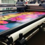 Wide-format printer producing a beautiful and large mural of pink, yellow, and red flowers with a blue background.