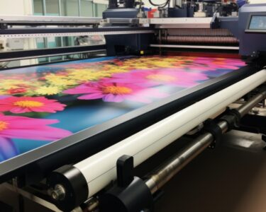 Wide-format printer producing a beautiful and large mural of pink, yellow, and red flowers with a blue background.