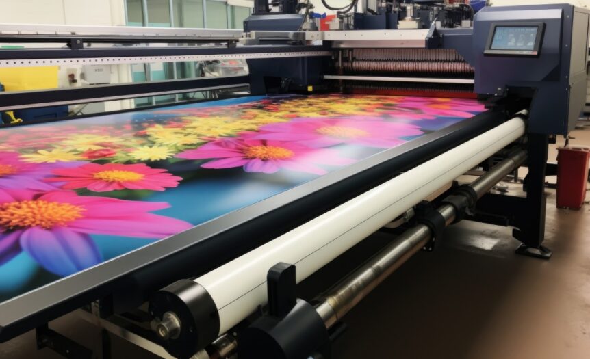 Wide-format printer producing a beautiful and large mural of pink, yellow, and red flowers with a blue background.