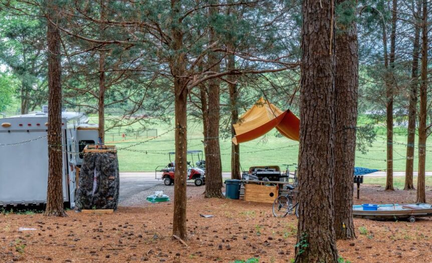 A wide open campground is covered in pine needles. The campers have a trailer, boat, and golf cart with a canopy in the trees.