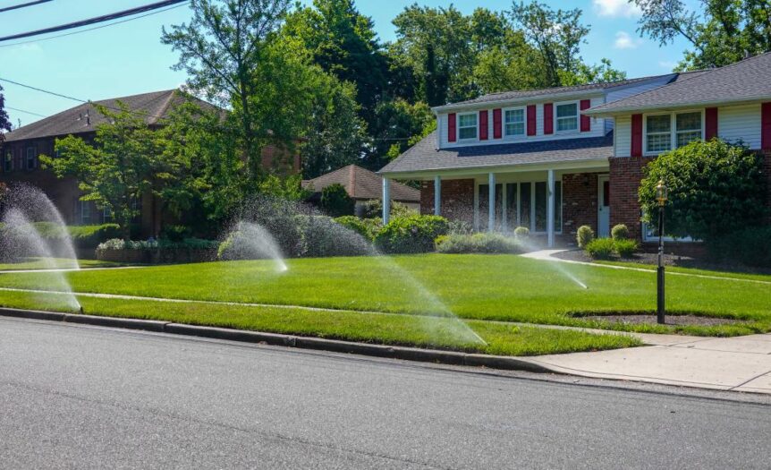 A lawn irrigation system in front of a suburban home spraying water from multiple nozzles across a lush, green front lawn.