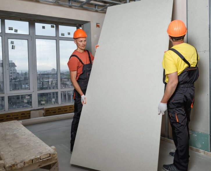 Two men wearing safety helmets and protective gear install drywall in a building under construction.