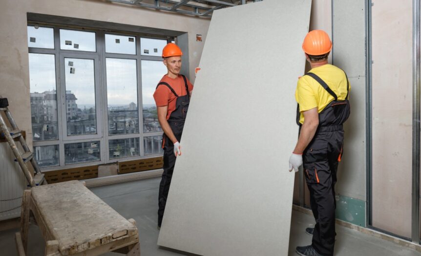 Two men wearing safety helmets and protective gear install drywall in a building under construction.