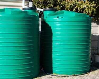 Two green plastic water tanks next to a property. There are trees, a hose and potted plants next to the tanks.