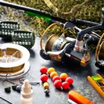 A variety of fishing accessories, including fishing rods, fishing lures, and fishing hooks, resting on a table.