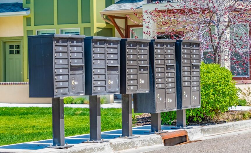 A row of cluster mailboxes stationed in front of a row of townhouses near a patch of grassy lawn and a tree.