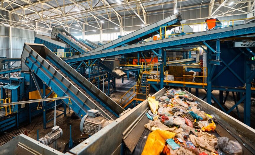 The interior of a recycling facility with conveyor belts that sort and separate recycling items from trash.