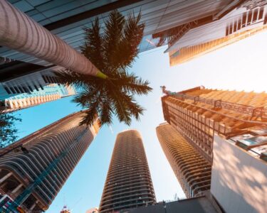 A skyward view of towering skyscrapers and palm trees in downtown Miami on a bright, sunny day.