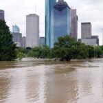 A flooded park lies in front of a city skyline. The water flooding the area is murky and brown.