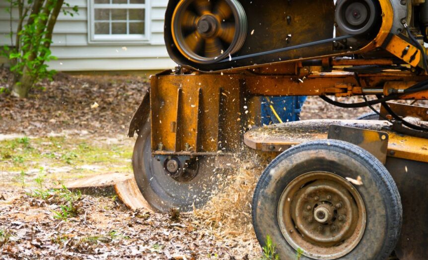 A stump grinder sitting in a residential yard to remove a stump. The equipment is yellow with a circular blade in the front.