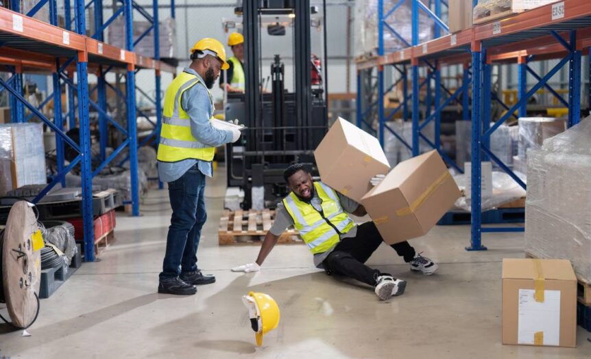 Two Black warehouse workers in safety vests. One worker fell over with two boxes falling on top of him.