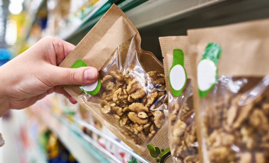 A person's hand grabbing the edge of a paper and plastic pouch of walnuts to pull it off a grocery store shelf.