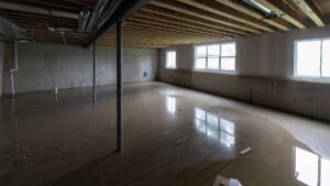 A large unfinished basement with several windows and an exposed ceiling has a layer of water on the concrete floor.