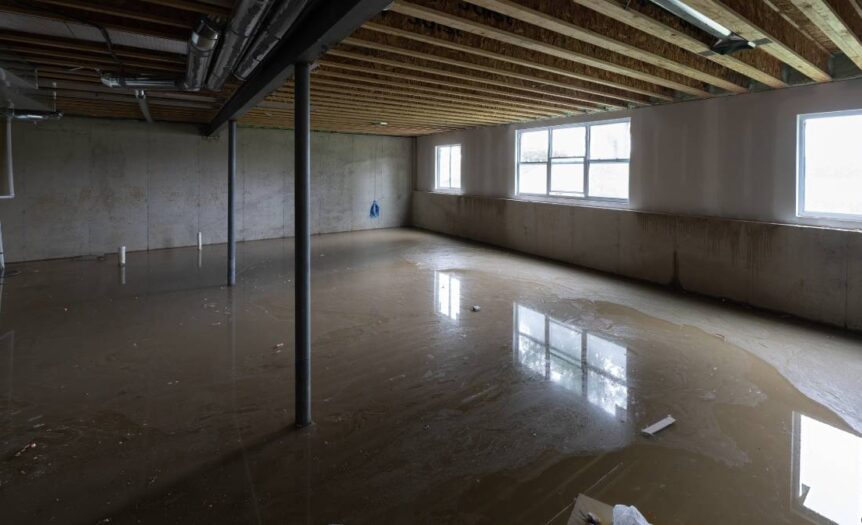 A large unfinished basement with several windows and an exposed ceiling has a layer of water on the concrete floor.