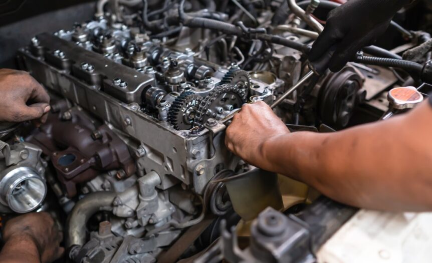 Two pairs of hands, one gloved and holding a screwdriver, are working on an exposed diesel truck engine.