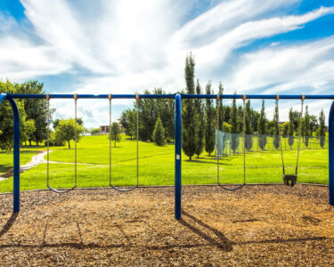 A blue swing set in an empty park built on a patch of mulch. The swing set is surrounded by lush, green grass.