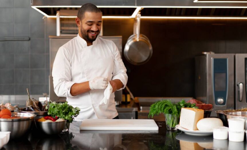 A chef in a white uniform standing in a kitchen surrounded by ingredients as he slips on his gloves for safety.