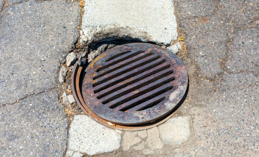 A broken manhole cover in the middle of the road. The cover is rusting and the hole in the ground is eroding.