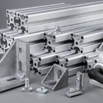 Multiple large aluminum extrusions piled with corner angle accessories and various screws on a gray background.