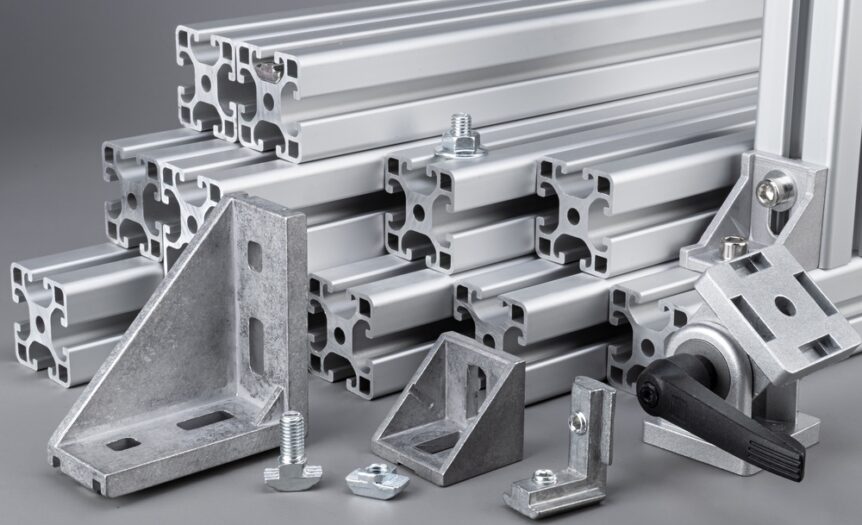 Multiple large aluminum extrusions piled with corner angle accessories and various screws on a gray background.