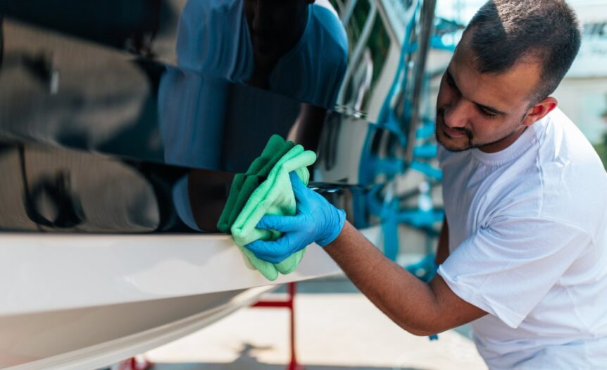 A young man wearing a white T-shirt and blue gloves uses a green washcloth to clean the side of a boat.