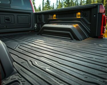 A clean, spacious truck bed in the back of a red truck. The truck is parked in a forested environment at sunset.