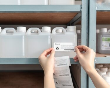 A person placing a safety/warning label onto a clear bottle holding solvent based chemicals for storage.