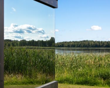 An oversized window with a reflective coating shows the natural surroundings of tall grass and water.
