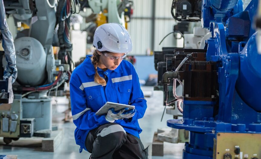 A woman kneels near a black and blue factory machine, inspecting it. She holds a tablet and wears protective gear.
