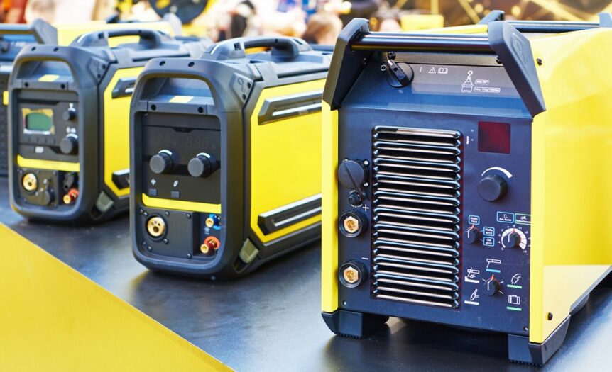 Four yellow and black portable welding machines sit on a counter with a black top and yellow-painted sides.