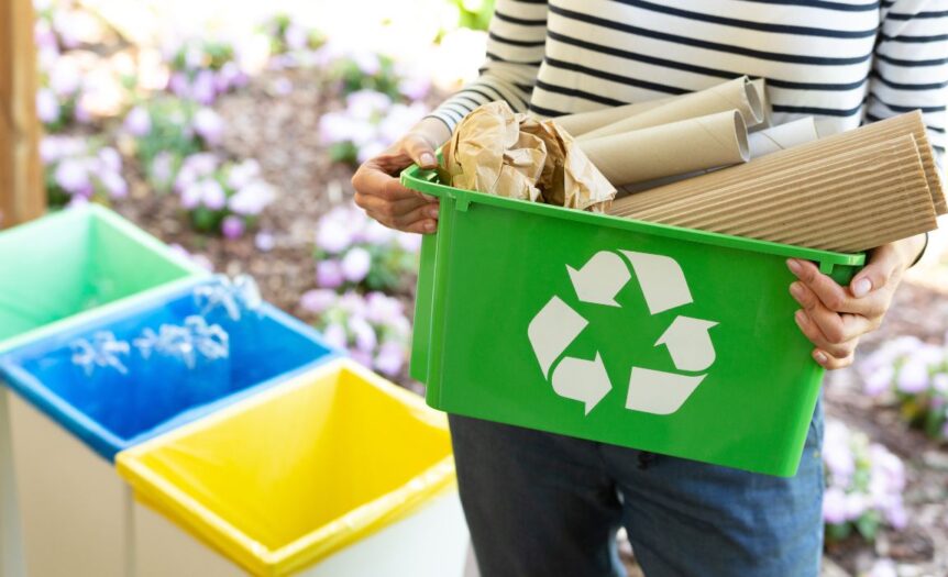 A woman stands outside, holding a green recycling box full of pieces cardboard, paper towel tubes, and brown wrapping paper.