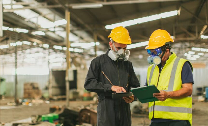 Two men in gas masks and hard hats look at clipboards while standing inside a warehouse strewn with wreckage.