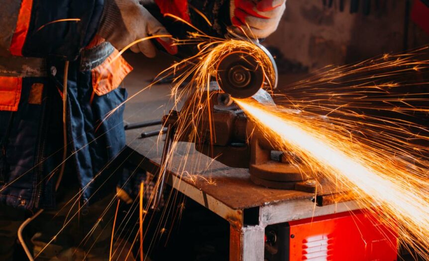 A worker wearing protective gloves uses a grinder to cut through a large piece of metal in a workshop.
