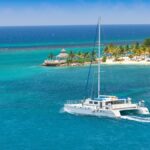 An aerial view of a white catamaran sailing past a beach with palm trees and a gazebo on a sunny day.