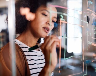 A Black woman is concentrating and writing on the glass board with colorful chalk pens in her office.