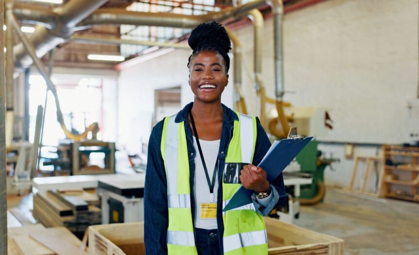A young Black woman with a bright smile standing on a warehouse floor. She is wearing hi-vis gear and holding a clipboard.