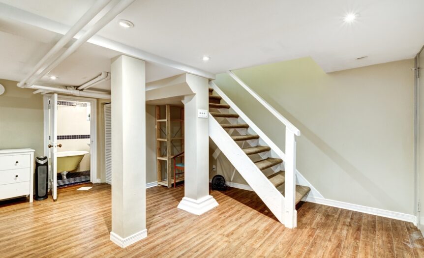 A freshly finished home basement with wood plank flooring, white baseboards, and light beige painted walls.