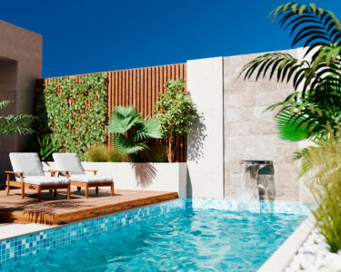 Modern style architecture exterior vacation villa with luxury swimming pool and tropical tree garden. Contemporary desert building design with poolside area and patio in backyard. Rich real estate rental.