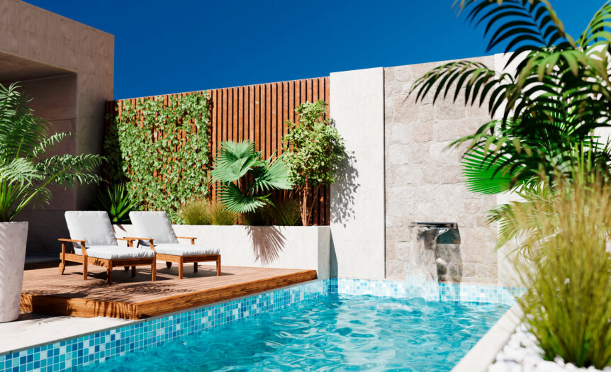 Modern style architecture exterior vacation villa with luxury swimming pool and tropical tree garden. Contemporary desert building design with poolside area and patio in backyard. Rich real estate rental.
