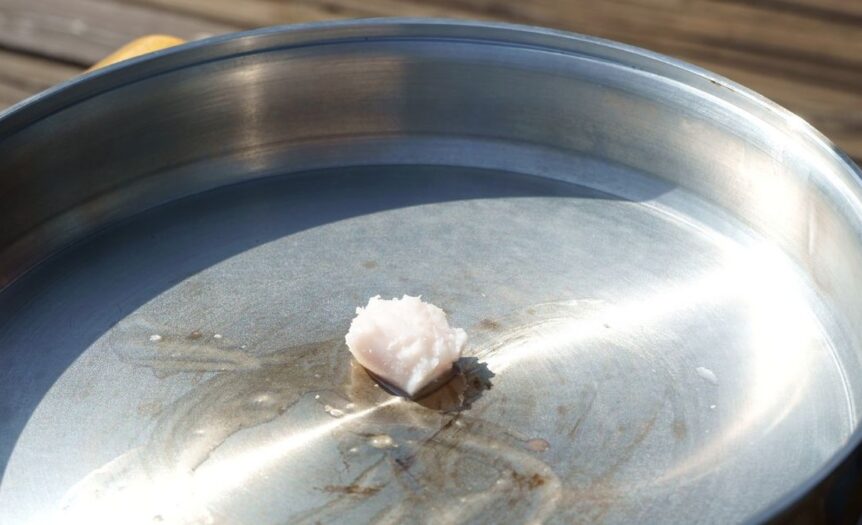 A skillet has a small amount of beef tallow sitting in the center.