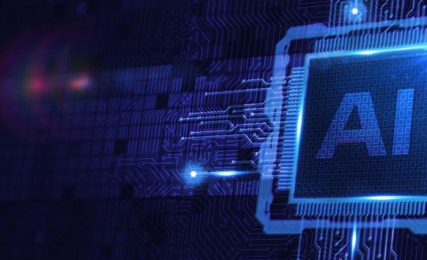 A neon computer chip outline on a blue background with "AI" at the center and data strands branching outward.
