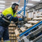 A man in a jacket, pants, earmuffs, and gloves uses a nail gun with a blue cord to assemble a wooden pallet.