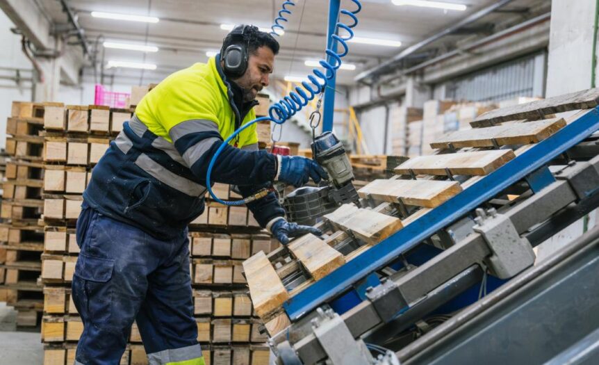 A man in a jacket, pants, earmuffs, and gloves uses a nail gun with a blue cord to assemble a wooden pallet.