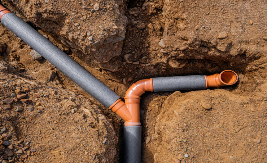 A collection of unfinished gray pipes with orange connectors arranged in narrow trenches in light brown soil.