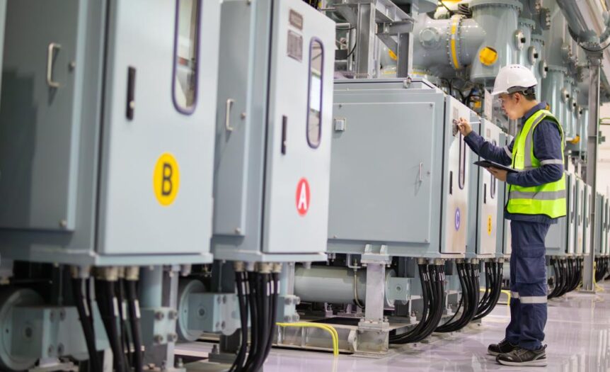 An employee in an industrial facility is holding a tablet and using a pen to place a mark on a machine.