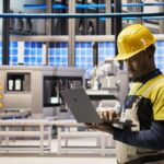 A man in a yellow hard hat and overalls looks at a laptop in an industrial facility with a conveyor belt in the background.