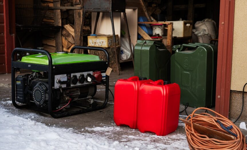 A green portable gas generator on a snowy driveway in front of an open garage stall next to two red gas cannisters.